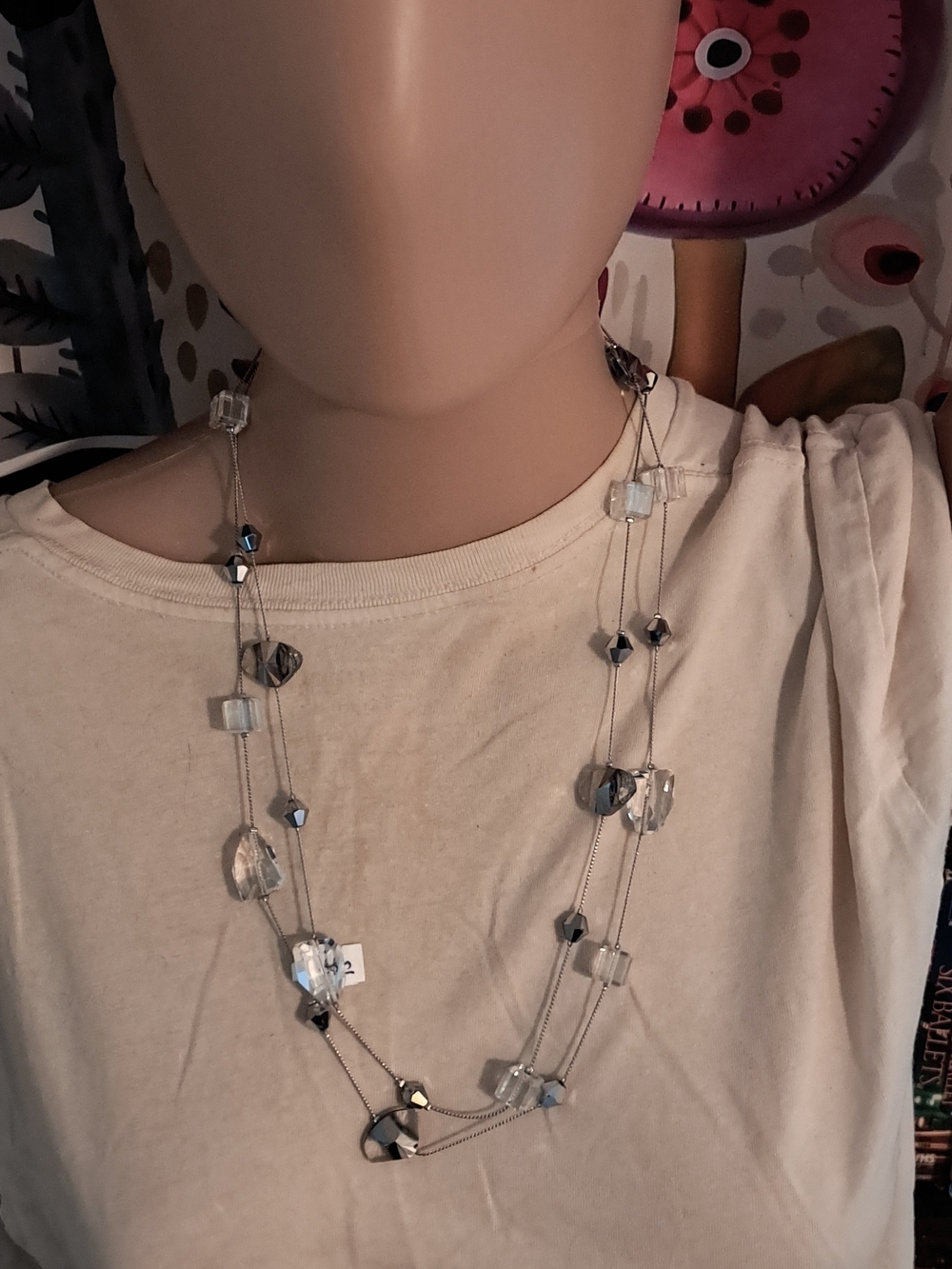 Premier Designs Clear Crystal Cube Bead and Silver Mirror Long Necklace